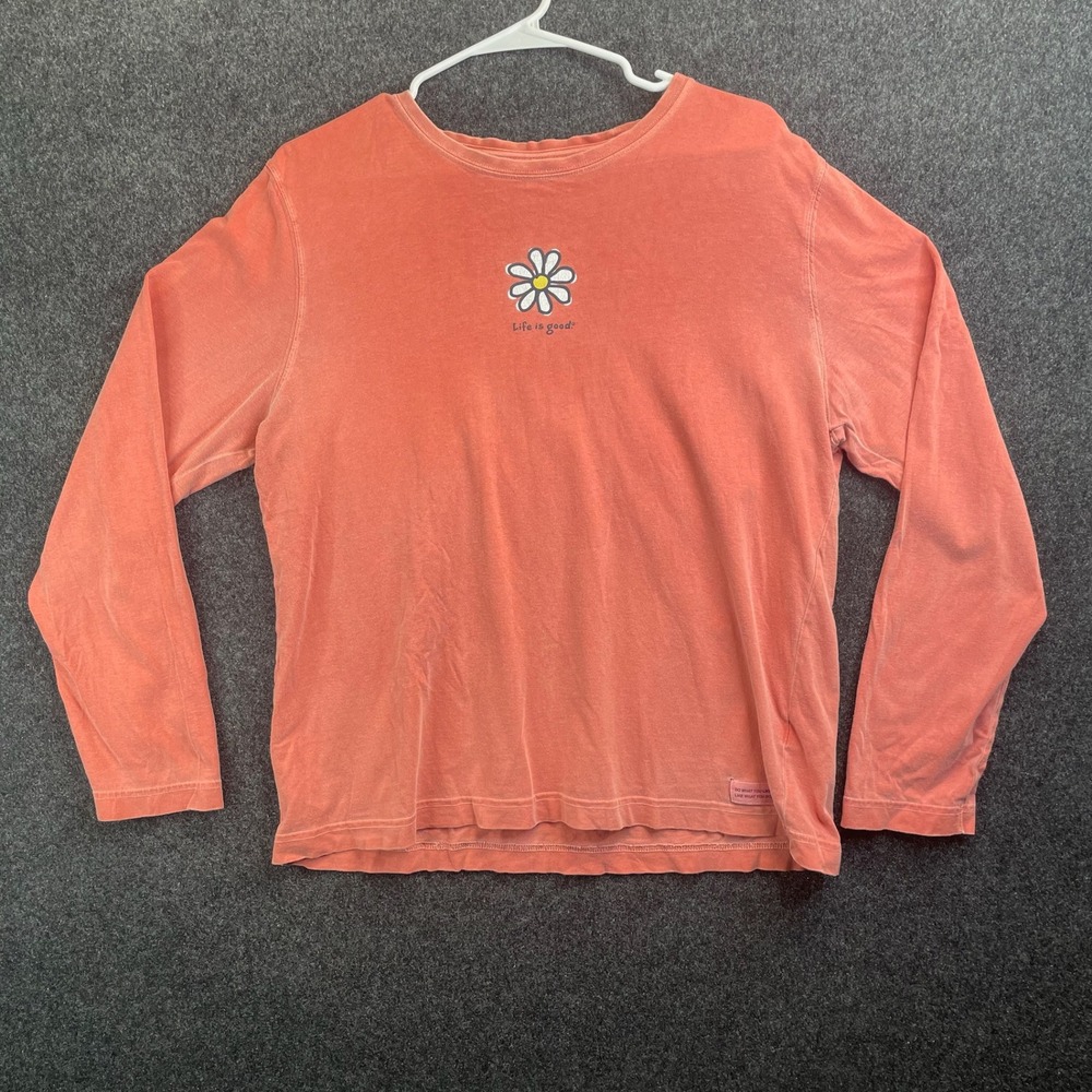 Life is Good Daisy Graphic Long Sleeve T-Shirt Women's Large Coral Orange
